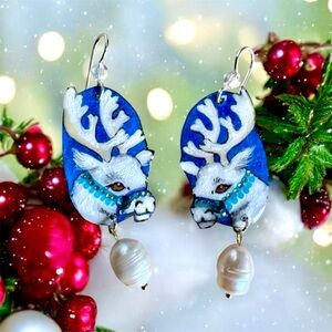 Hand fainted, reindeer, holiday Christmas, Earrings, Sterling wires pearl charm
